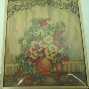 Tiny vintage silhouette picture--vase of flowers/metal frame/convex glass